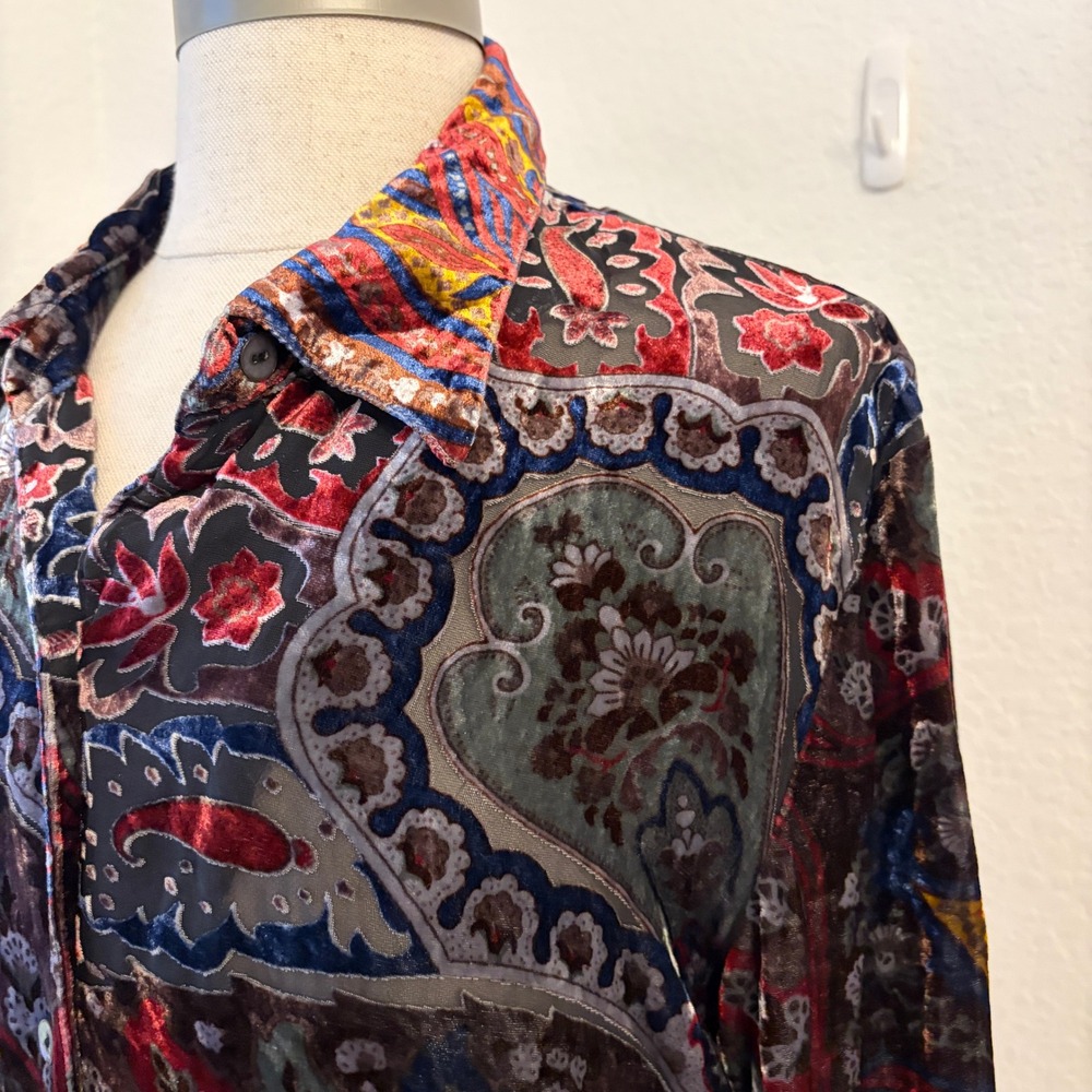 Vintage Silk Blend Velvet Burnout Button Up Shirt M Y2K Paisley Whimsigoth Sheer - Picture 2 of 11